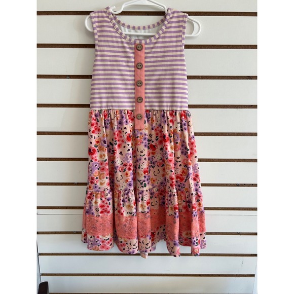 cheeky plum Other - Cheeky Plum Girls 6Y Lavender Stripe Peach Floral Tiered Lace Dress Kids‎